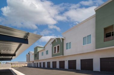 parking structure to the lark apartments with multi color displays